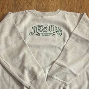 Love in White Crewneck Sweater with Green Embroidery